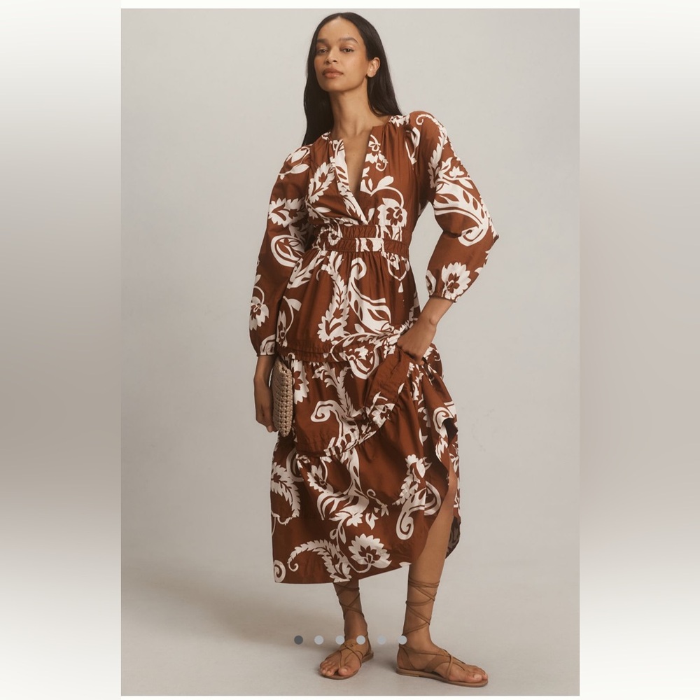 Anthropologie Chocolate and Cream Floral Long Sleeve Dress